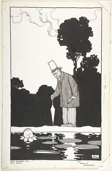 "Some Busybody Will Come Along" (for "The Kelpie of Snooziepool" in "Topsy-Turvy Tales"), William Heath Robinson (British, London 1872–1944 Highgate, London), Pen and black ink, brush and wash 