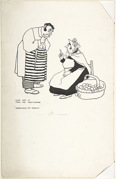 "Who Got it from the Fruit-woman" (for "Perriwinkie, The Puddock" in "Topsy-Turvy Tales"), William Heath Robinson (British, London 1872–1944 Highgate, London), Pen and black ink, brush and wash 