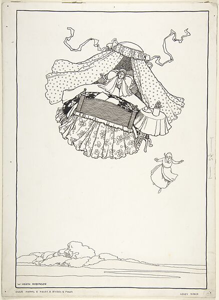 "Over Farms and Fields and Rivers and Ponds" (for "Cosy Hokie" in "Topsy-Turvy Tales"), William Heath Robinson (British, London 1872–1944 Highgate, London), Pen and black ink, brush and wash 
