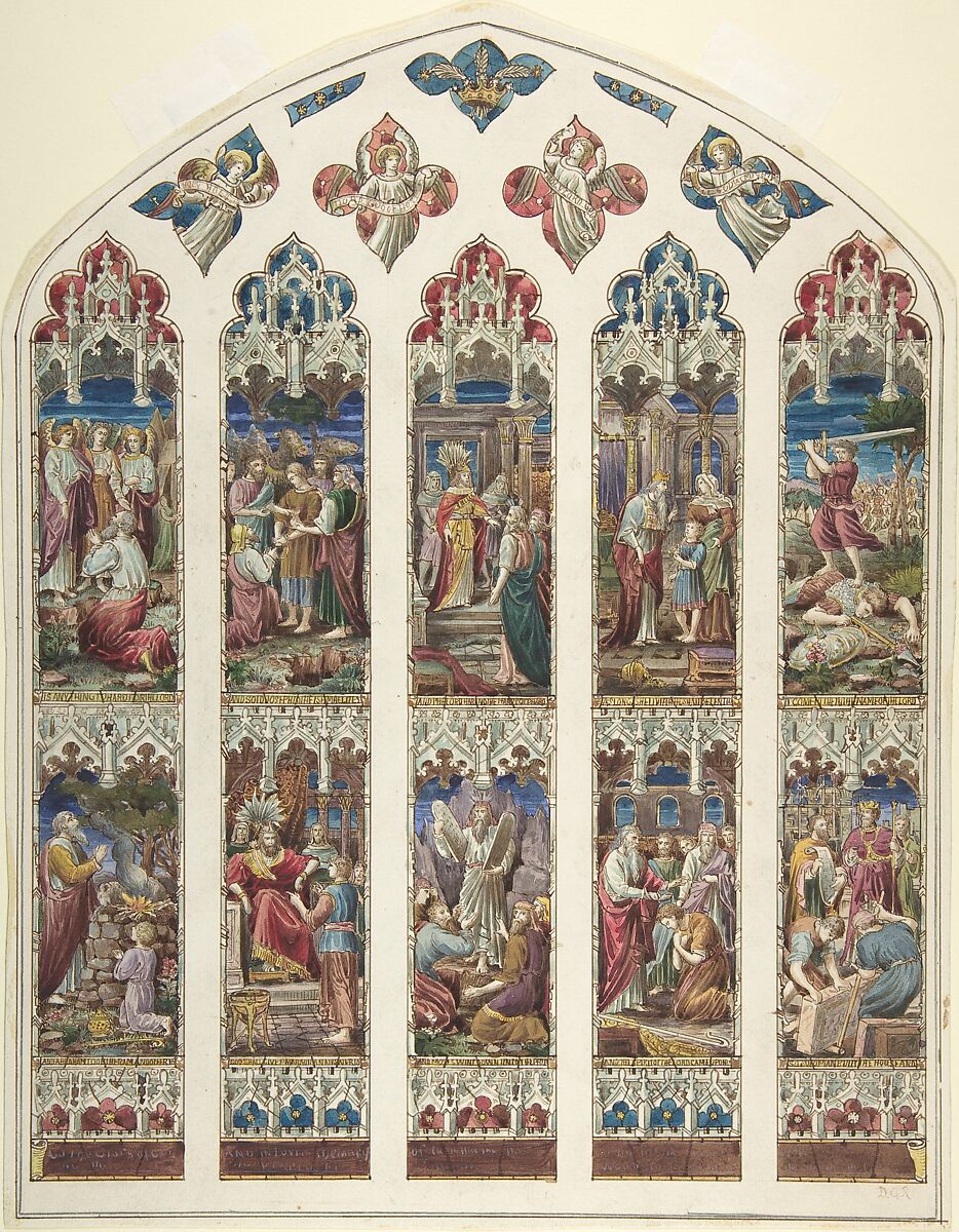 Design for Old Testament Window, Attributed to Dante Gabriel Rossetti (British, London 1828–1882 Birchington-on-Sea), Watercolor, pen and bllack ink 