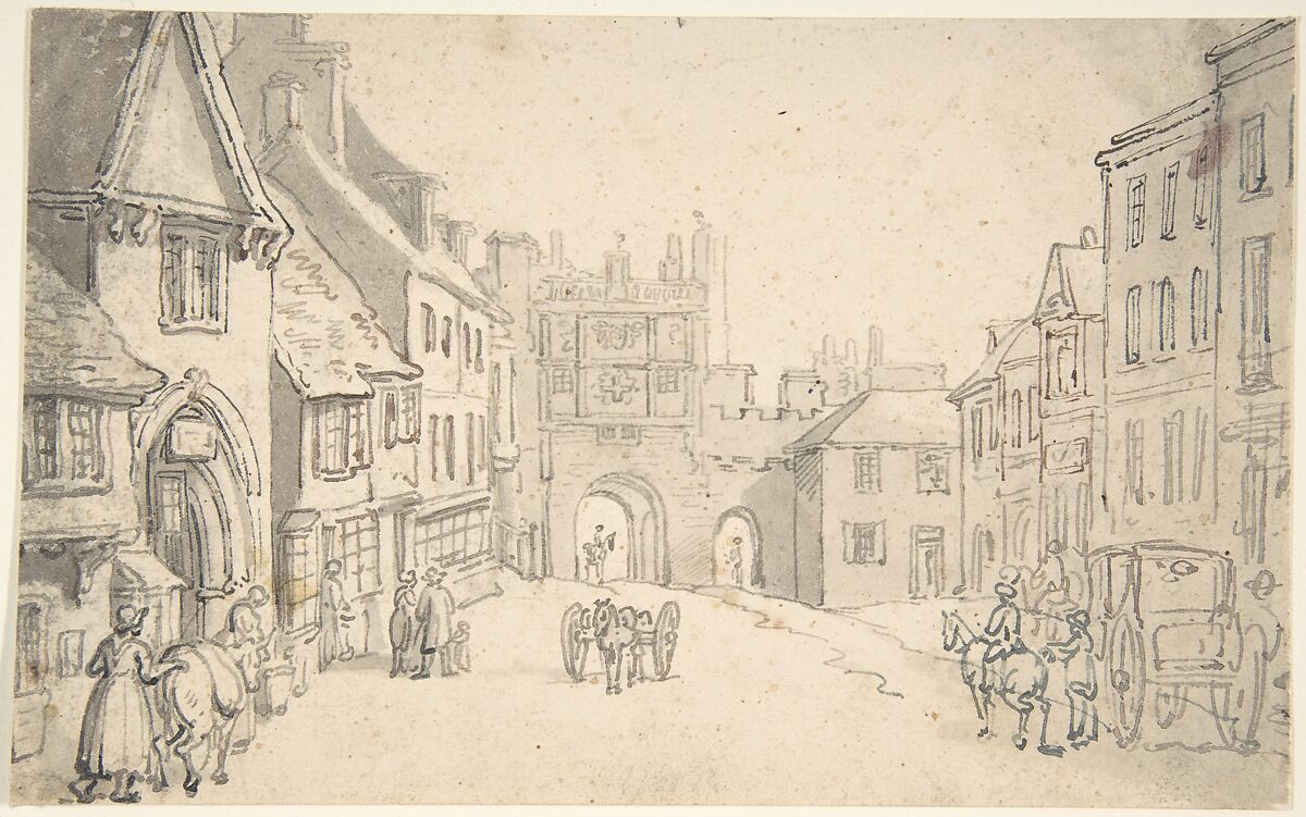 City View with Medieval Gate (perhaps York), Thomas Rowlandson (British, London 1757–1827 London), Pen and ink, brush and wash 