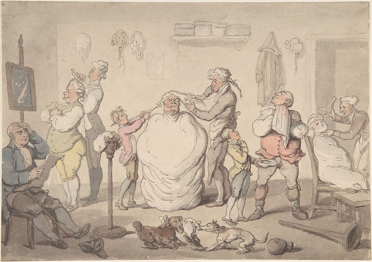The Barber's Shop, Thomas Rowlandson (British, London 1757–1827 London), Watercolor, pen and ink 