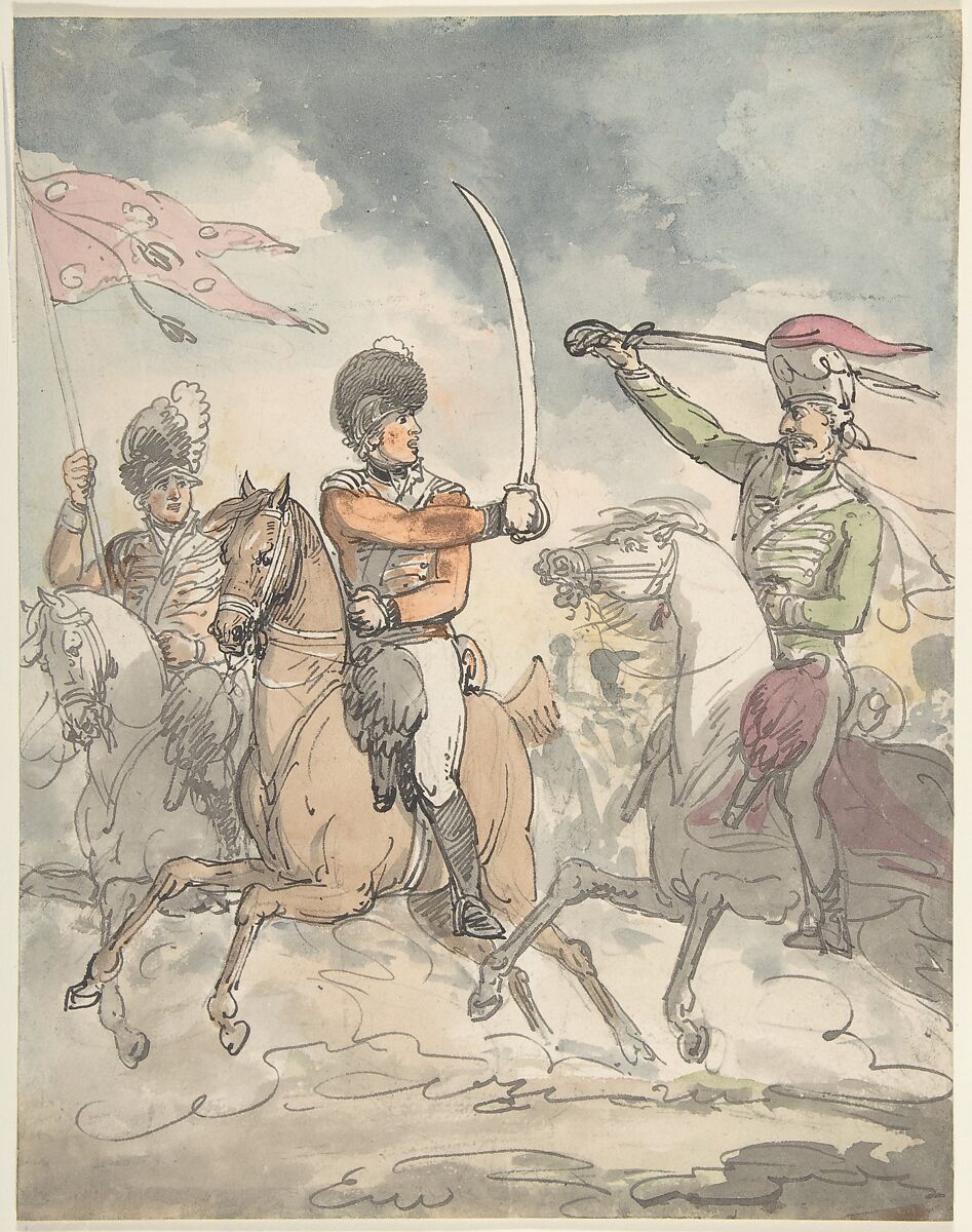 Unused study for a plate to "Hungarian and Highland Broadsword Exercise"  Feb. 12, 1799, Attributed to Thomas Rowlandson (British, London 1757–1827 London), Watercolor, pen and ink 