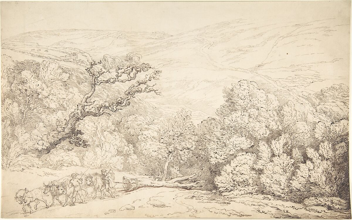 Landscape with Oxen and Felled Tree, Thomas Rowlandson (British, London 1757–1827 London), Graphite, pen and ink 