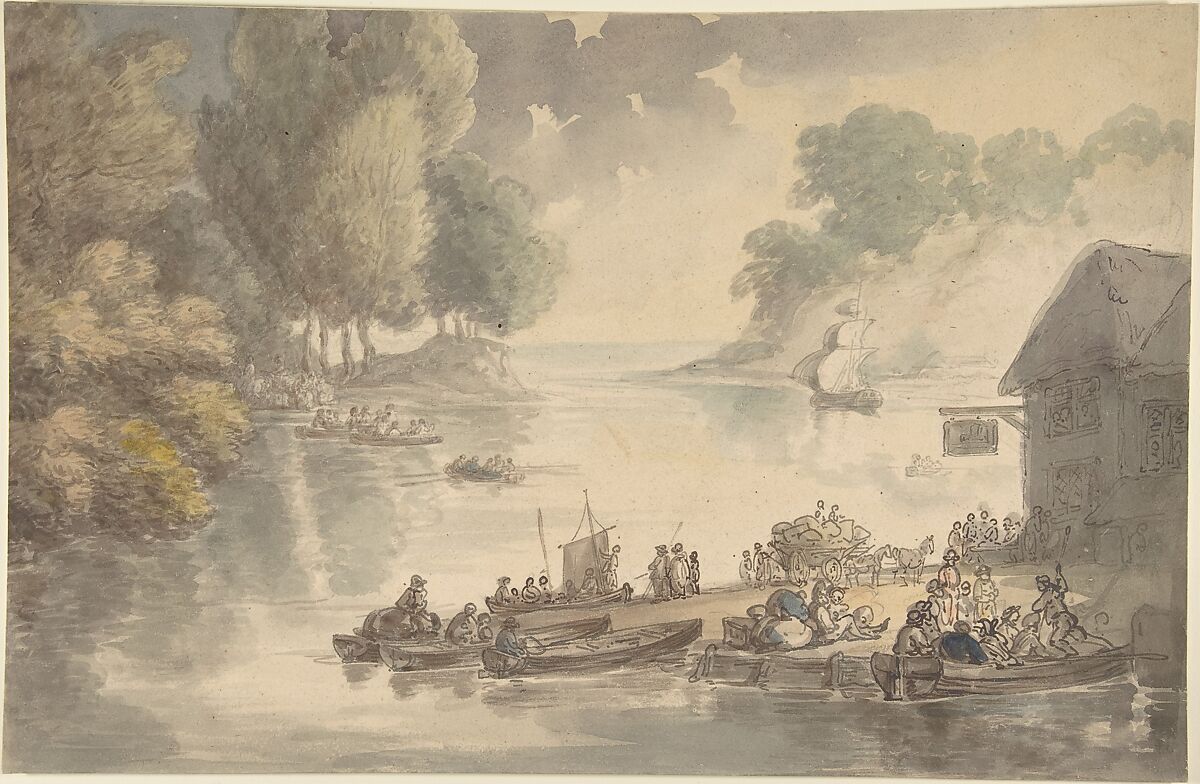 The Inn at the Ford, Thomas Rowlandson (British, London 1757–1827 London), Watercolor 