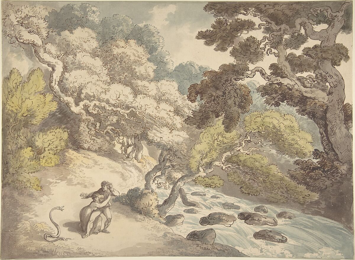 Landscape with rushing stream and a couple on the bank, frightened by a snake, Thomas Rowlandson (British, London 1757–1827 London), Watercolor, pen and ink 
