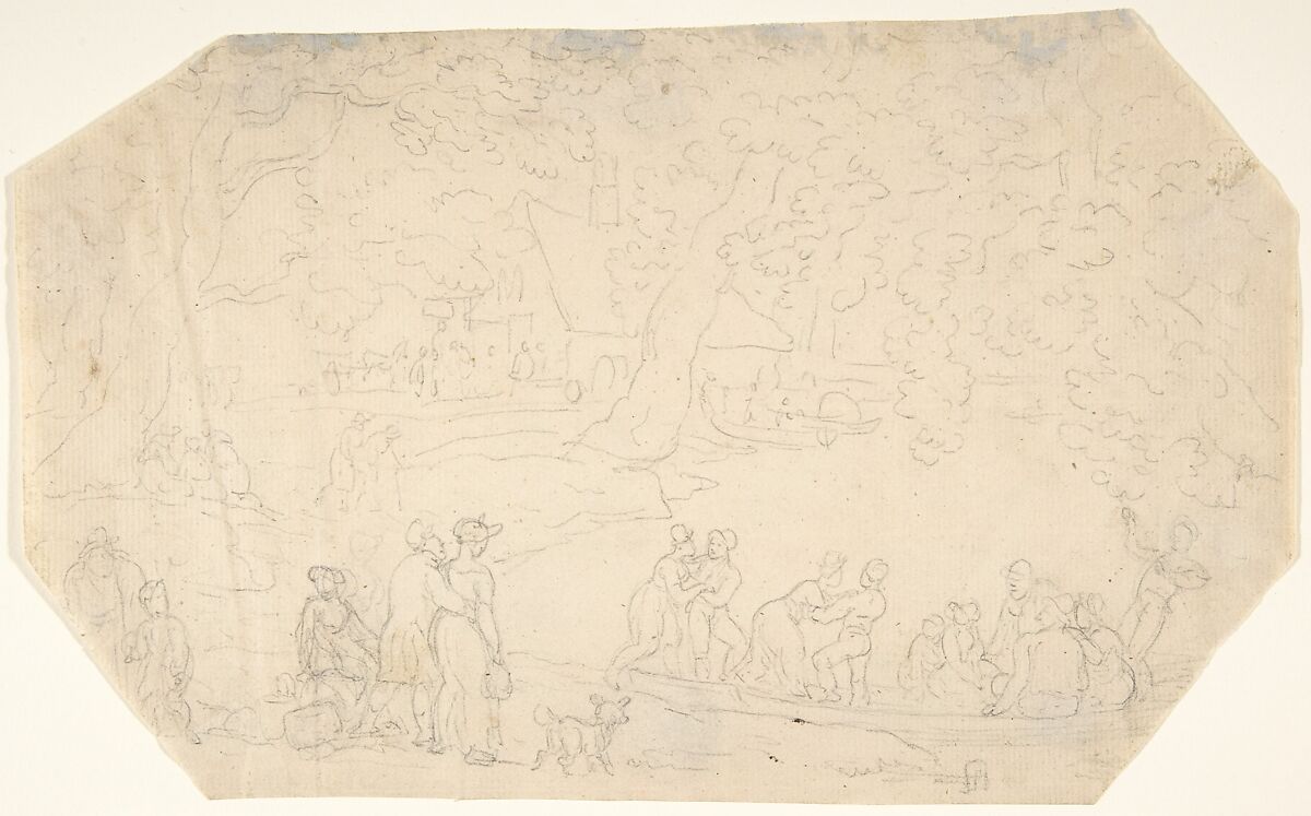 "The Social Day" from the "World of Miniature", Thomas Rowlandson (British, London 1757–1827 London), Graphite, with blind scoring, and on verso, graphite blacking for tracing 