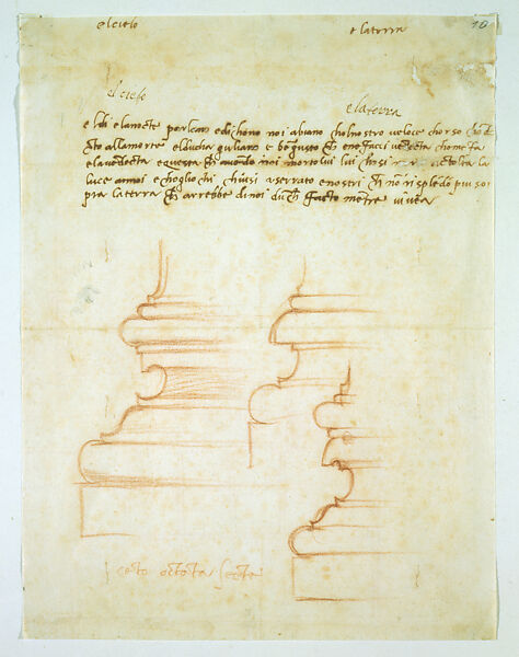 Designs for the Profiles of the Bases of Columns and Moldings for the Medici 
Chapel (recto); Plan of Architectural Complex (verso), Michelangelo Buonarroti (Italian, Caprese 1475–1564 Rome), Red chalk, pen and brown ink 