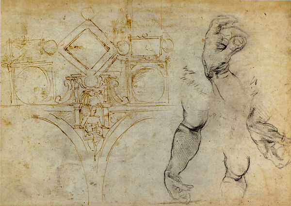 Design of the Sistine Ceiling and studies of arms and hands (recto); Drapery for a Seated Figure (verso), Michelangelo Buonarroti (Italian, Caprese 1475–1564 Rome), Pen and brown ink, over lead point and stylus, black chalk (recto); brush and brown wash, black chalk and stylus marks (verso) 