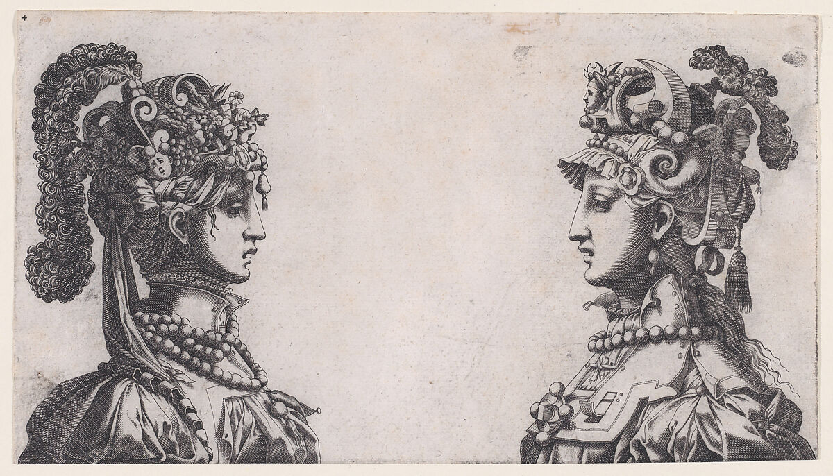 Busts of Two Women Wearing Fantastical Head-dresses, René Boyvin (French, Angers ca. 1525–1598 or 1625/6 Angers), Engraving; second state of two 