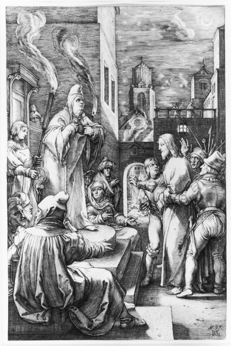 Christ before Caiphas, from "The Passion of Christ", Hendrick Goltzius (Netherlandish, Mühlbracht 1558–1617 Haarlem), Engraving