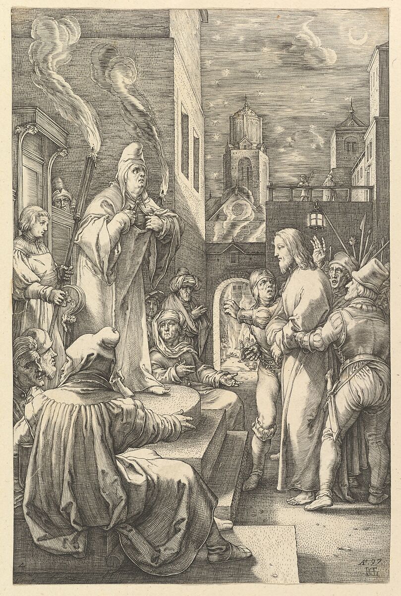 Christ before Caiphas, from "The Passion of Christ", Hendrick Goltzius (Netherlandish, Mühlbracht 1558–1617 Haarlem), Engraving 