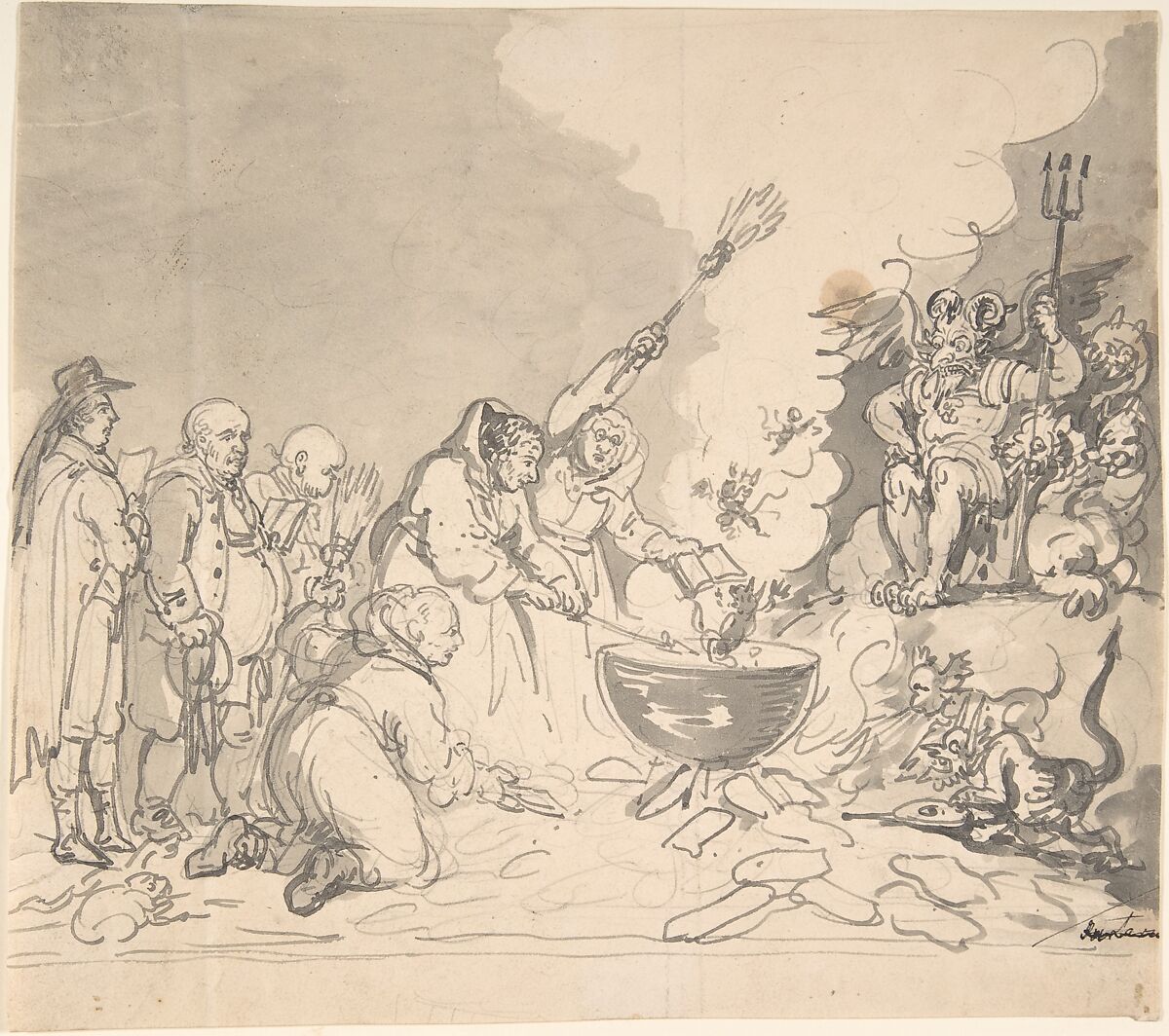 Study for "A charm for democracy, reviewed, analyzed, and destroyed January 1, 1799" (recto and verso), Thomas Rowlandson (British, London 1757–1827 London), Pen and gray ink, brush and gray wash, over graphite (recto); graphite (verso) 