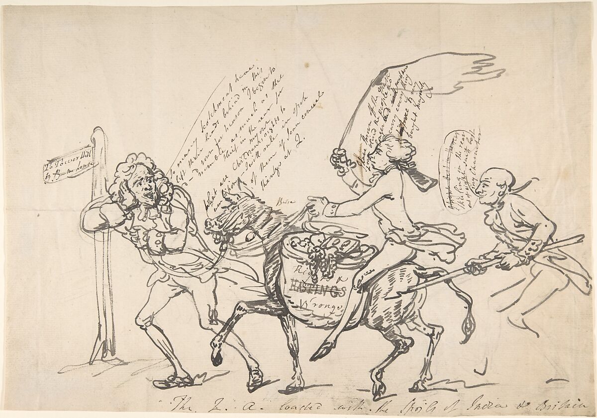 The Q A loaded with the spoils of India and Britain, March 6, 1788, Attributed to Thomas Rowlandson (British, London 1757–1827 London), Pen and ink 
