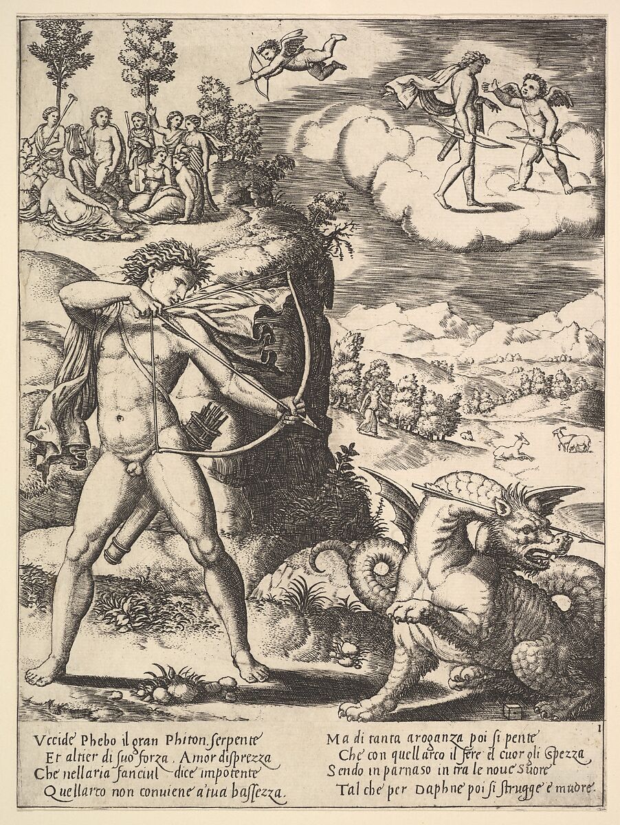 Apollo standing at left shooting a python with an arrow, above to the left are the muses and at right on a cloud Cupid approaching Apollo, from "Story of Apollo and Daphne", Master of the Die (Italian, active Rome, ca. 1530–60), Engraving 