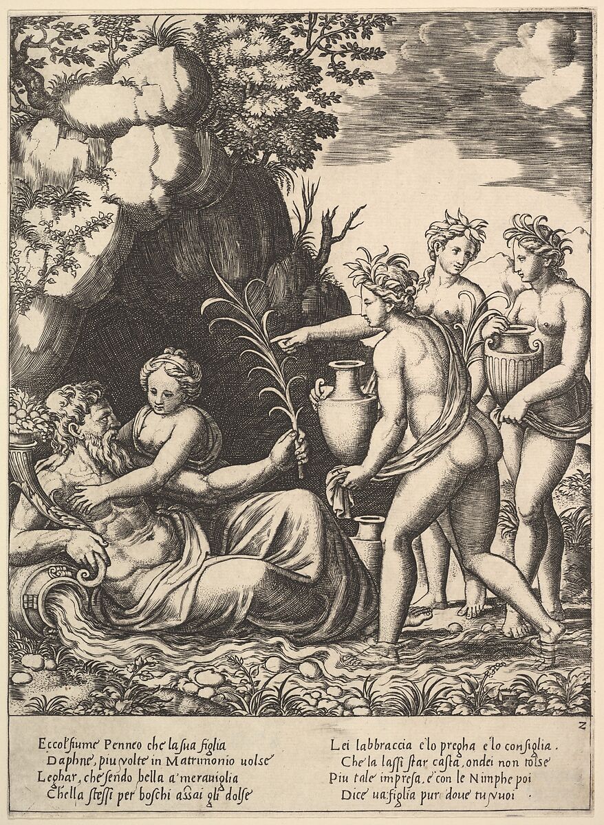 Daphne embracing her father, the river-god Peneus, at the left three nymphs bring jars from "Story of Apollo and Daphne", Master of the Die (Italian, active Rome, ca. 1530–60), Engraving 