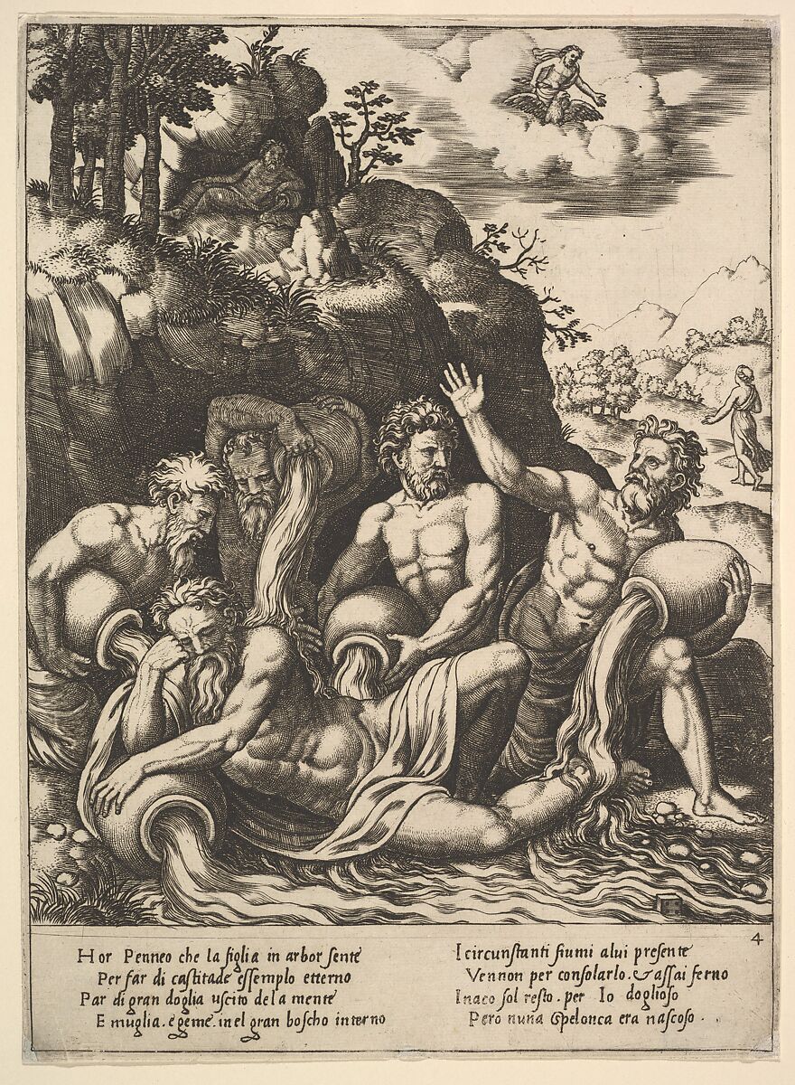 River gods consoling Peneus for the Loss of his Daughter, Daphne, from "Story of Apollo and Daphne", Engraved by Master of the Die (Italian, active Rome, ca. 1530–60), Engraving 