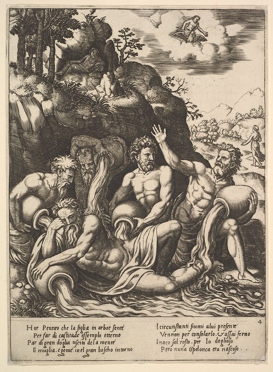 River gods consoling Peneus for the Loss of his Daughter, Daphne, from "Story of Apollo and Daphne", Master of the Die  Italian, Engraving