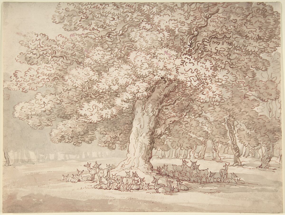 Herd of deer under an oak tree, Thomas Rowlandson (British, London 1757–1827 London), Pen and brush, red and gray watercolor 