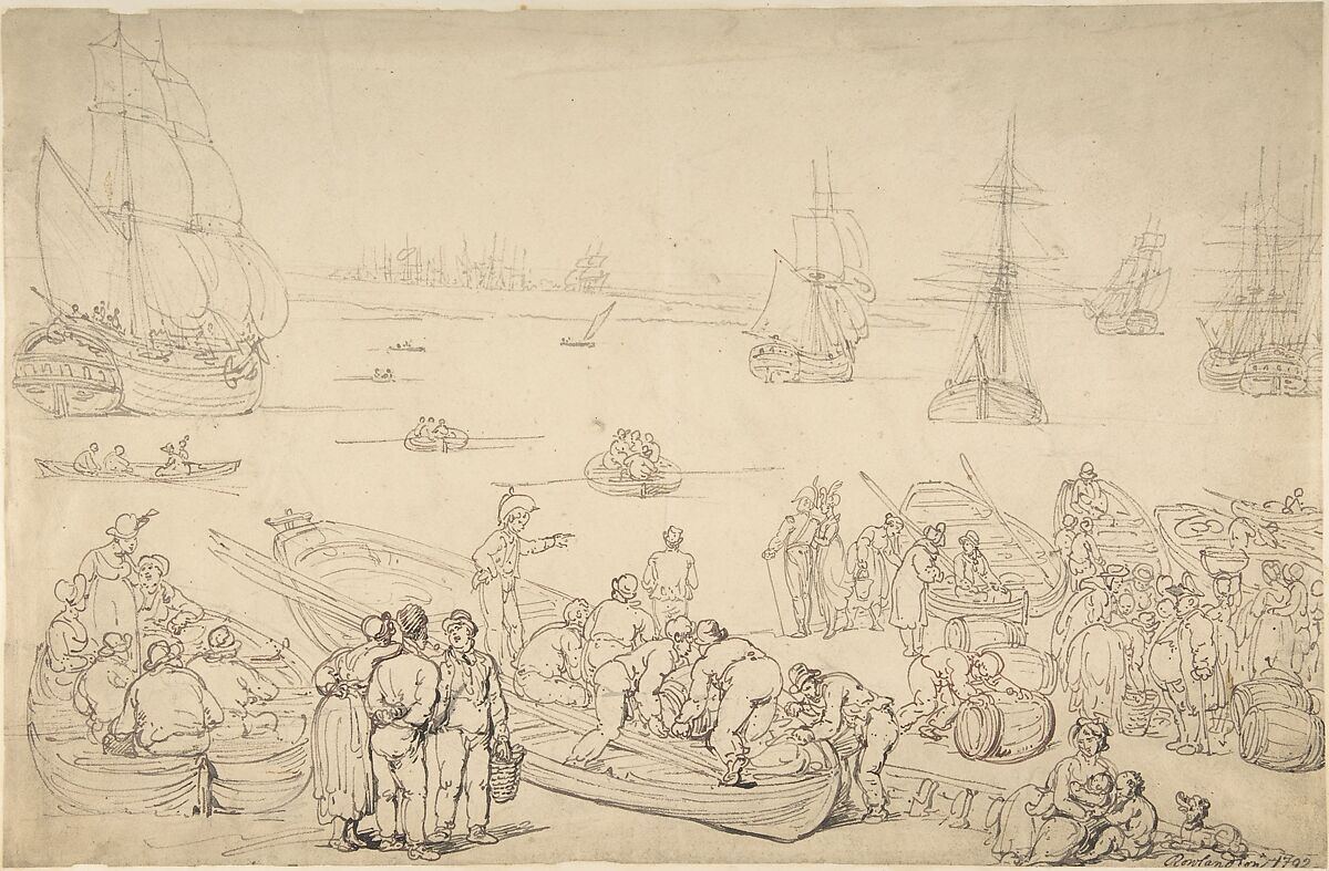 Seaport, Thomas Rowlandson (British, London 1757–1827 London), Pen and brown Ink 