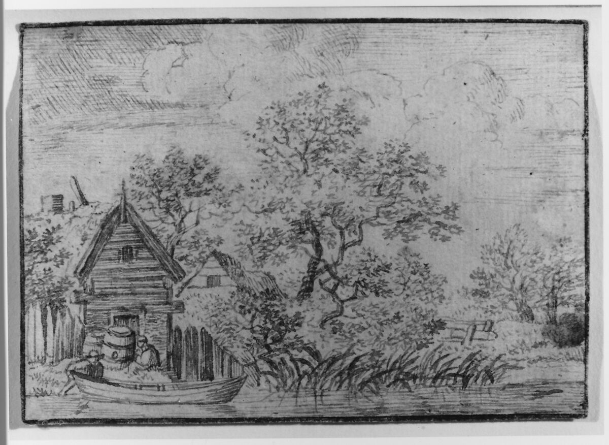 Two Men and a Boat by a House on the Water, Anonymous, Dutch, 17th century ?, Pen and black ink