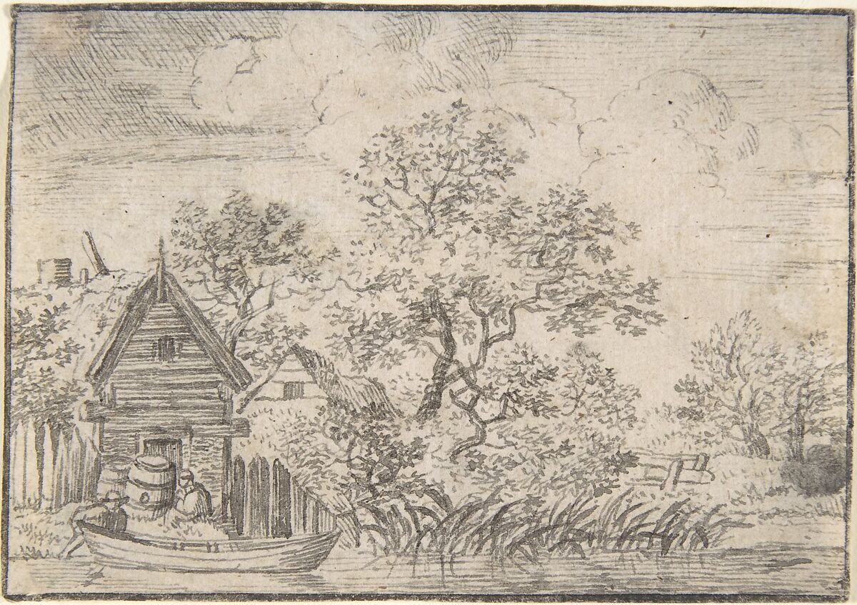 Two Men and a Boat by a House on the Water, Anonymous, Dutch, 17th century ?, Pen and black ink 