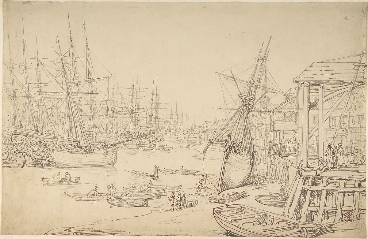 Shipyard, Greenwich, Thomas Rowlandson (British, London 1757–1827 London), Reed pen and brown ink 