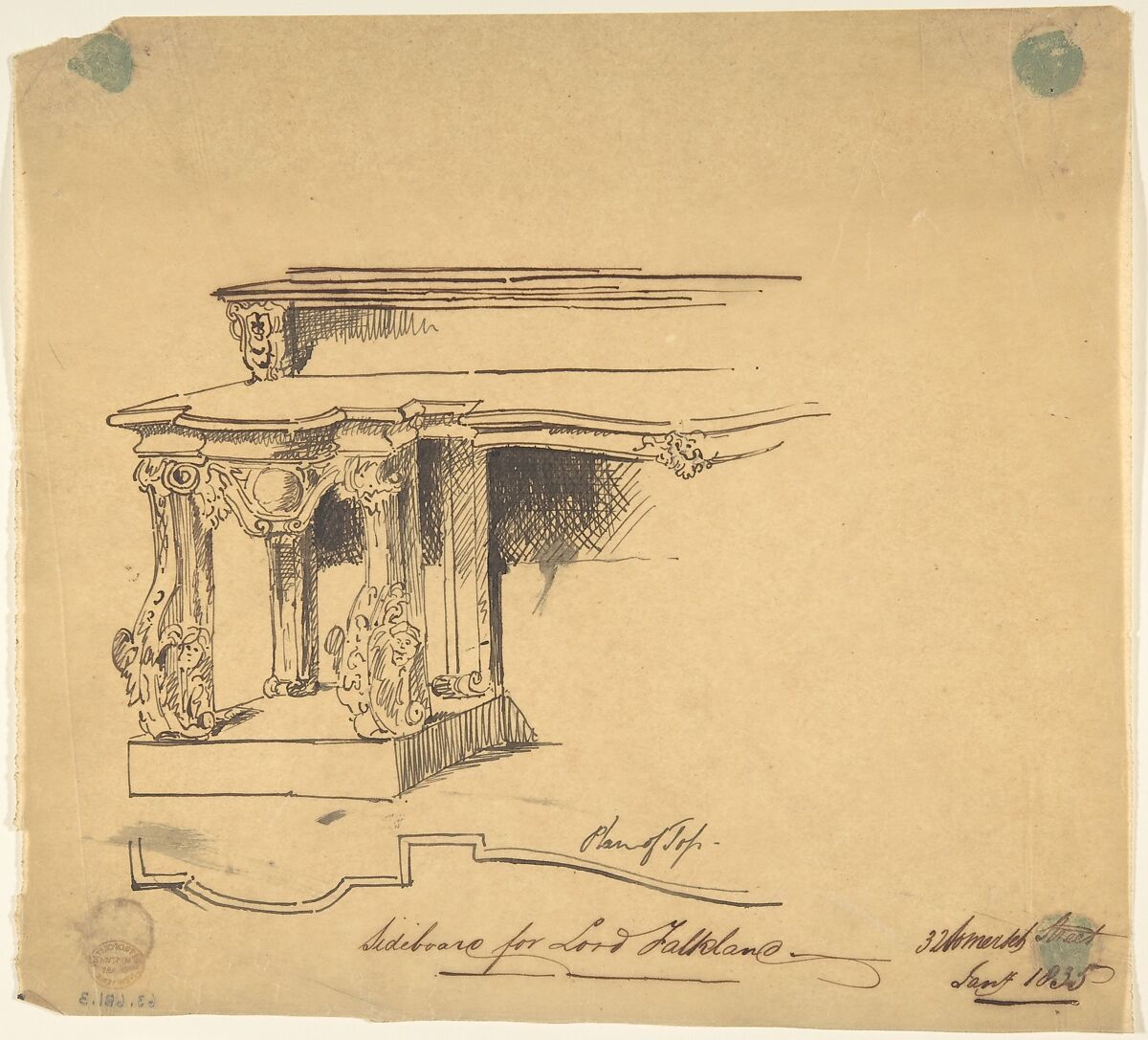 Design for Sideboard for Lord Falklane at Skutterskelfe, Yorkshire, Anthony Salvin (British, Worthing, West Sussex 1799–1881 Hawksfold, West Sussex), Pen and ink 