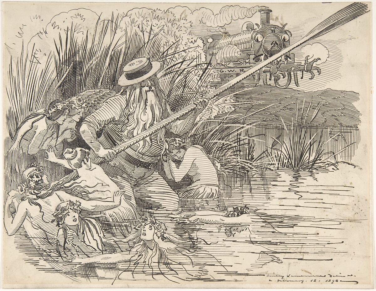 Father Thames and Henley Naiads (Cartoon published in Punch, February 26, 1898), Sir (Edward) Linley Sambourne (British, London 1844–1910 Kensington, London), Pen and black ink over graphite 