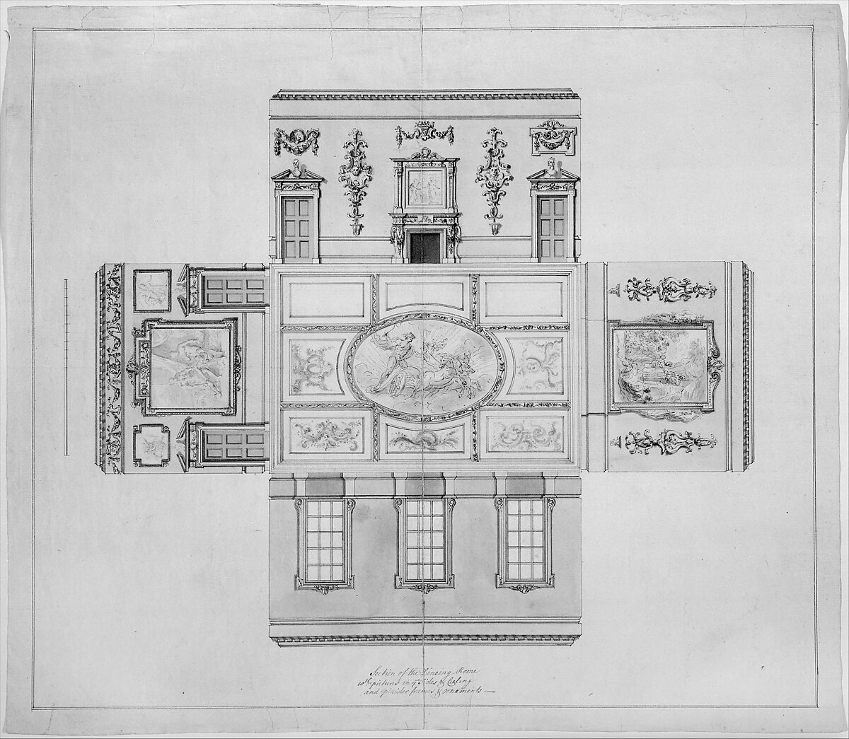 Design for the Dining Room at Kirtlington Park, Oxfordshire, John Sanderson (British, active from 1730, died 1774), Pen and gray, and brown ink, brush and wash
