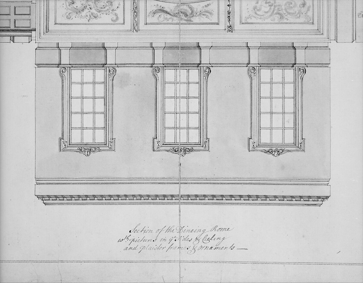 Design for the Dining Room at Kirtlington Park, Oxfordshire, John Sanderson (British, active from 1730, died 1774), Pen and gray, and brown ink, brush and wash
