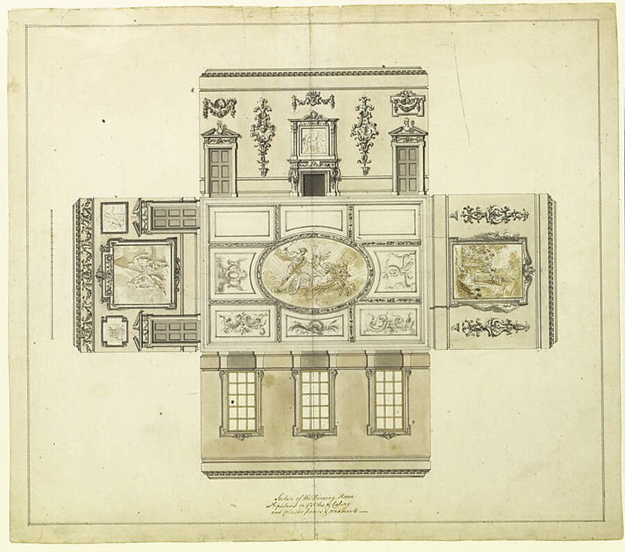 Design for the Dining Room at Kirtlington Park, Oxfordshire, John Sanderson (British, active from 1730, died 1774), Pen and gray, and brown ink, brush and wash