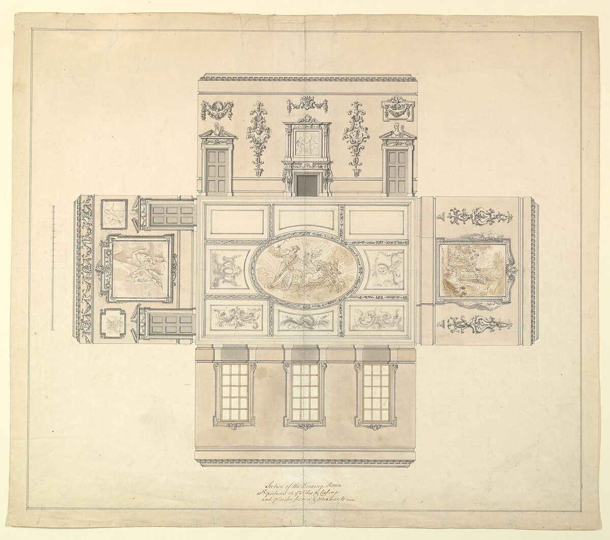 Design for the Dining Room at Kirtlington Park, Oxfordshire, John Sanderson (British, active from 1730, died 1774), Pen and gray, and brown ink, brush and wash 