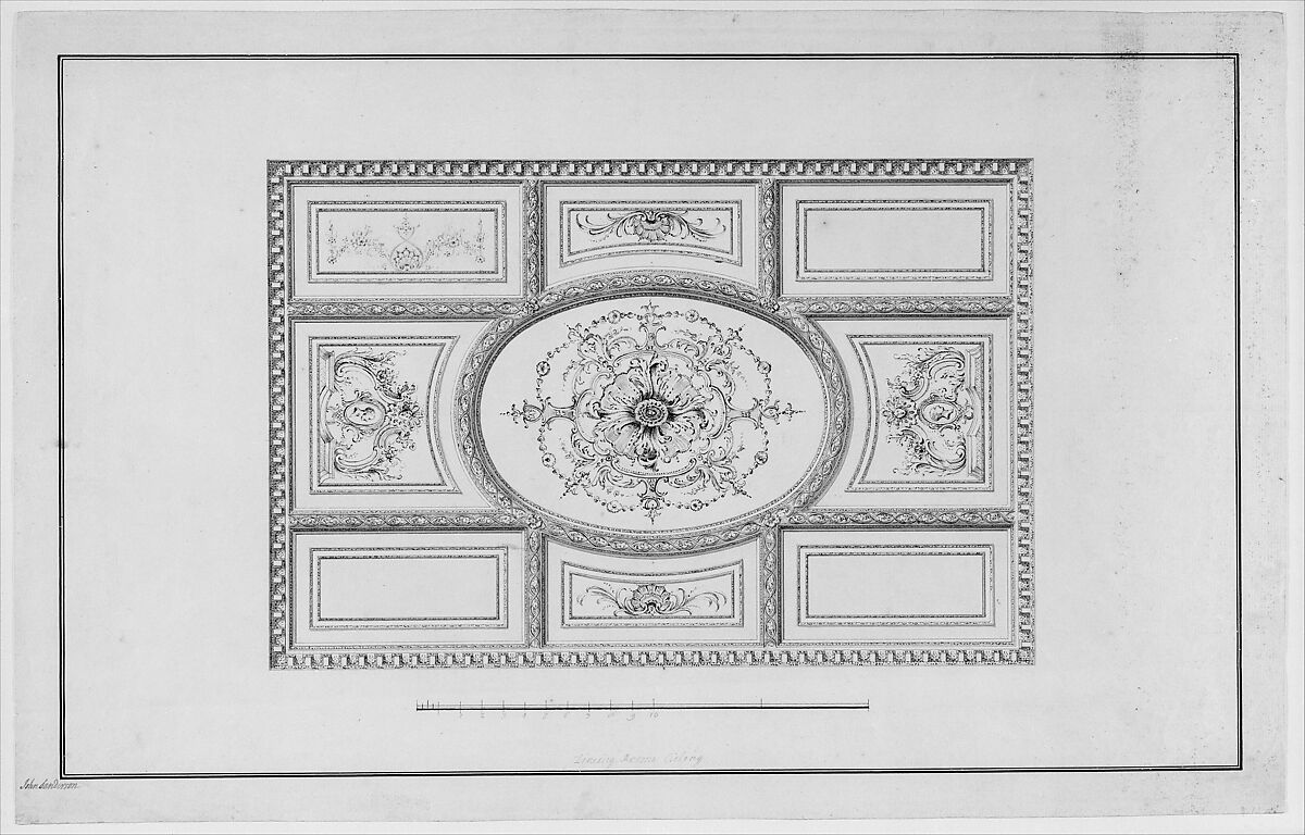 Design for Ceiling at Kirtlington Park, Oxfordshire, John Sanderson (British, active from 1730, died 1774), Pen, gray ink with gray and pale yellow washes