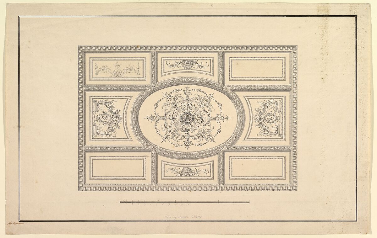Design for Ceiling at Kirtlington Park, Oxfordshire, John Sanderson (British, active from 1730, died 1774), Pen, gray ink with gray and pale yellow washes 