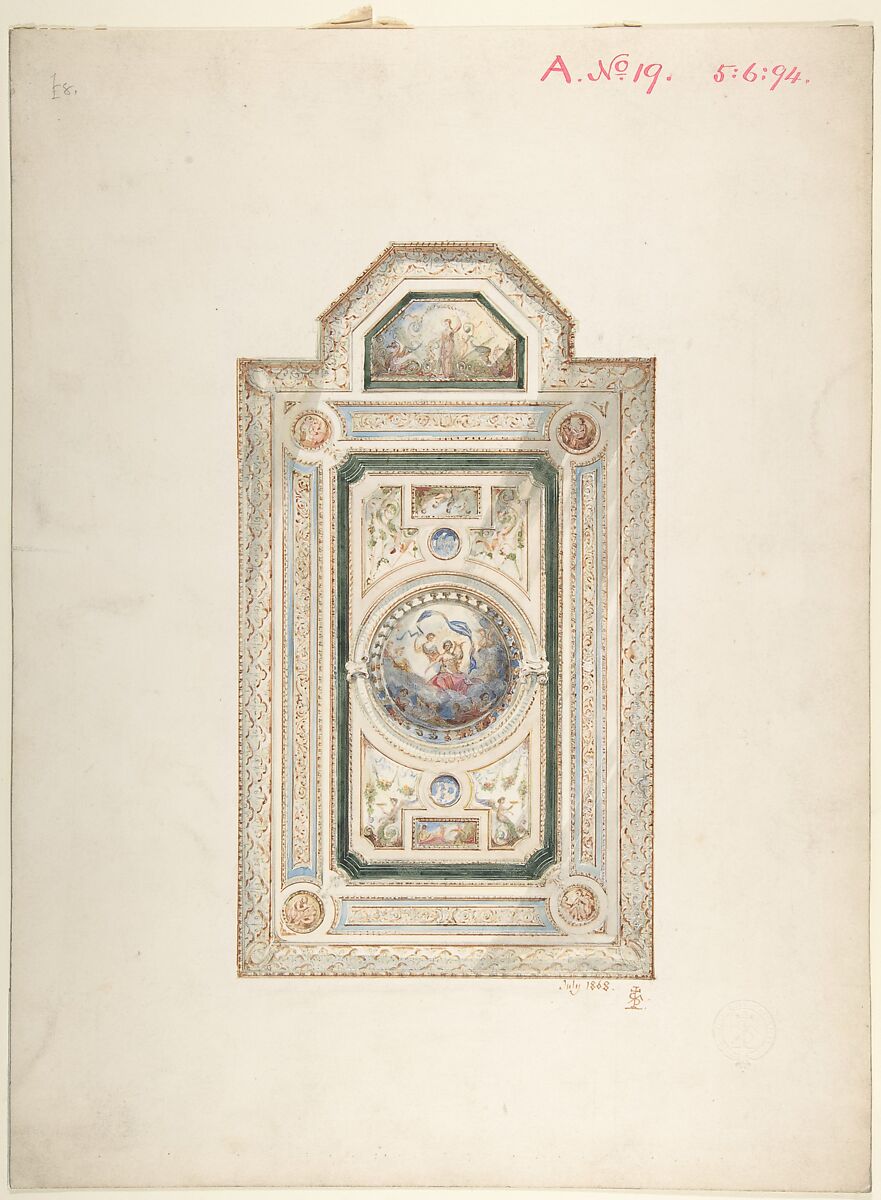 Inscribed drawing with monogram of Sang, of a ceiling design, July 1868, Frederick Sang (British, active 1868–70), Pen and ink, watercolor 