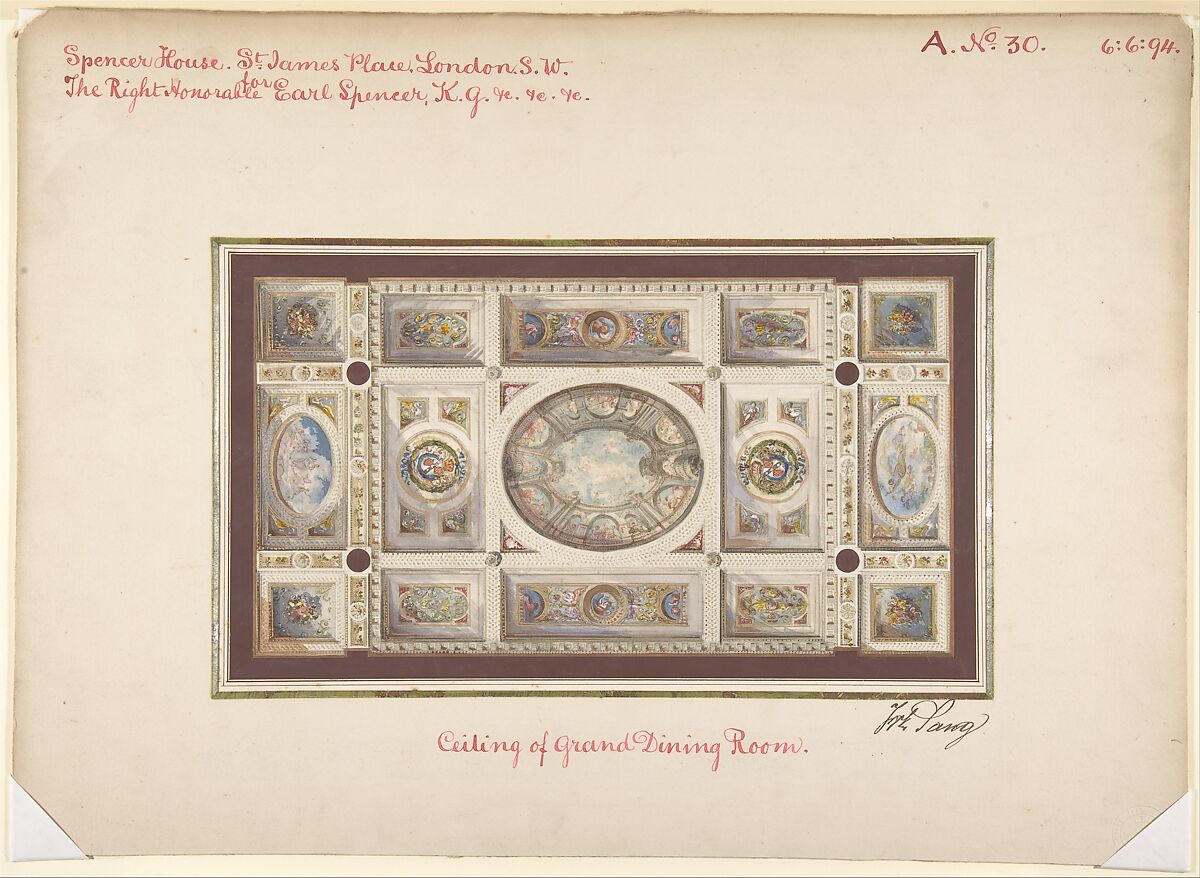 Ceiling of Dining Room, Spencer House, St. James Palace, London, about 1870, Frederick Sang (British, active 1868–70), Watercolor over graphite 
