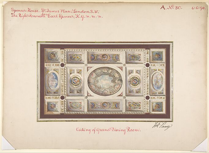 Ceiling of Dining Room, Spencer House, St. James Palace, London, about 1870