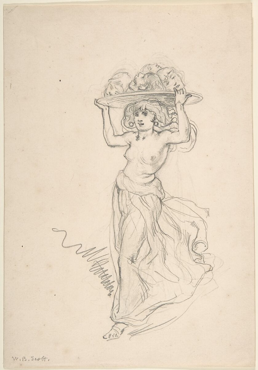 Girl Carrying a Tray with Four Heads, William Bell Scott (British, Edinburgh, Scotland 1811–1890 Ayreshire), Graphite 