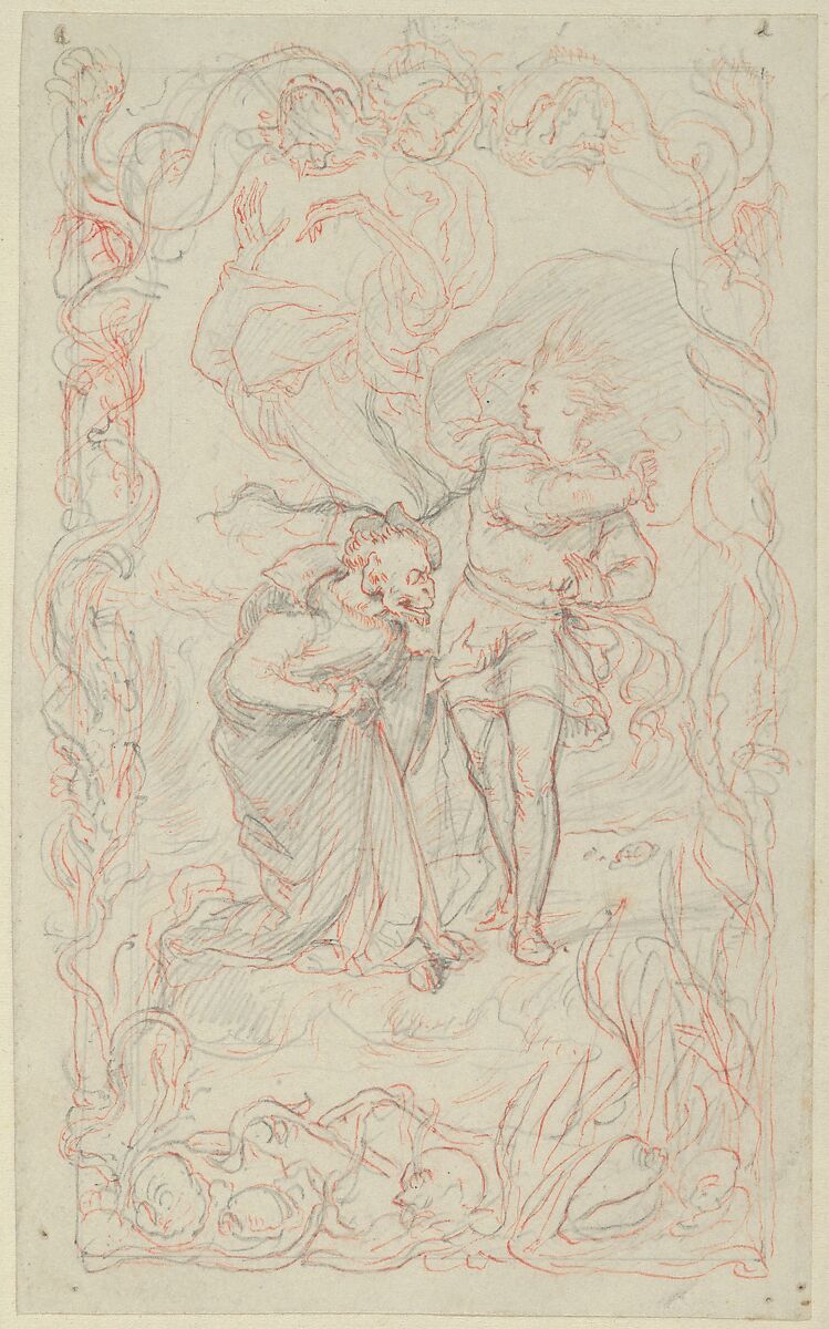 Illustration to the Tempest: Caliban, Ferdinand and Ariel, Henry Courtney Selous (British, Deptford 1803–1890 Beaworthy), Graphite and pen and red ink 