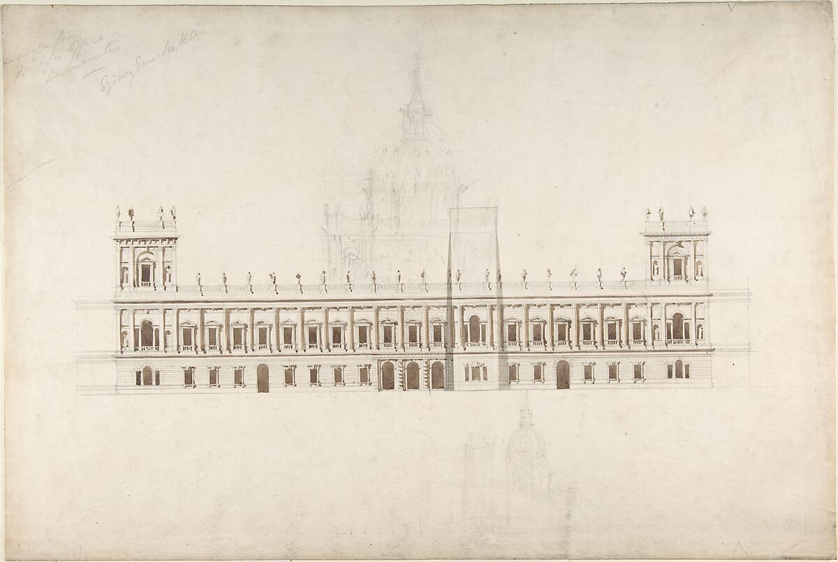 Drawing for Foreign Office, Westminster, for competition of 1857, Sir Robert Smirke (British, London 1780/1781–1867 Cheltenham), Pen and ink, brush and wash, over graphite 