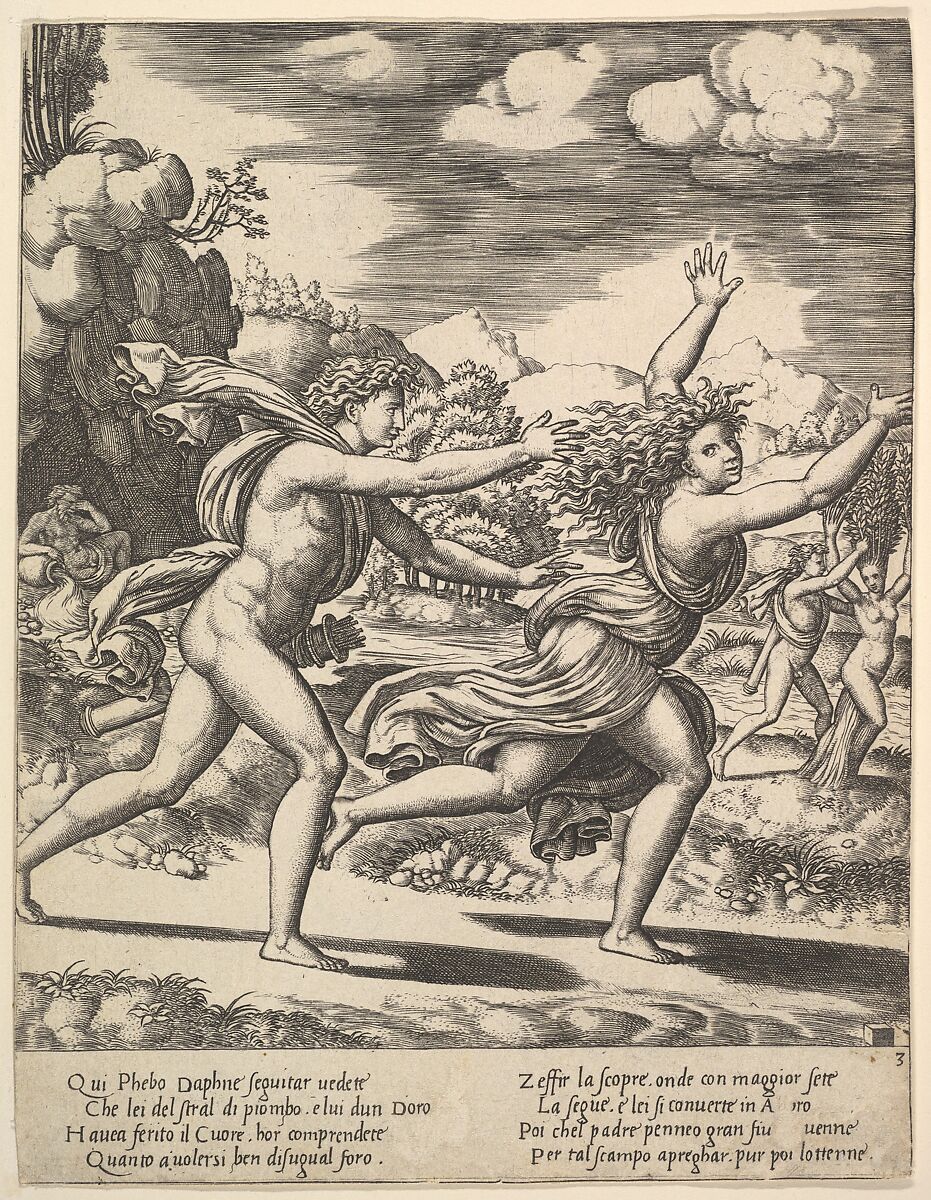 Apollo chasing Daphne who throws her arms up, in the background at right shows the moment she turns in a laurel, from "Story of Apollo and Daphne", Master of the Die  Italian, Engraving