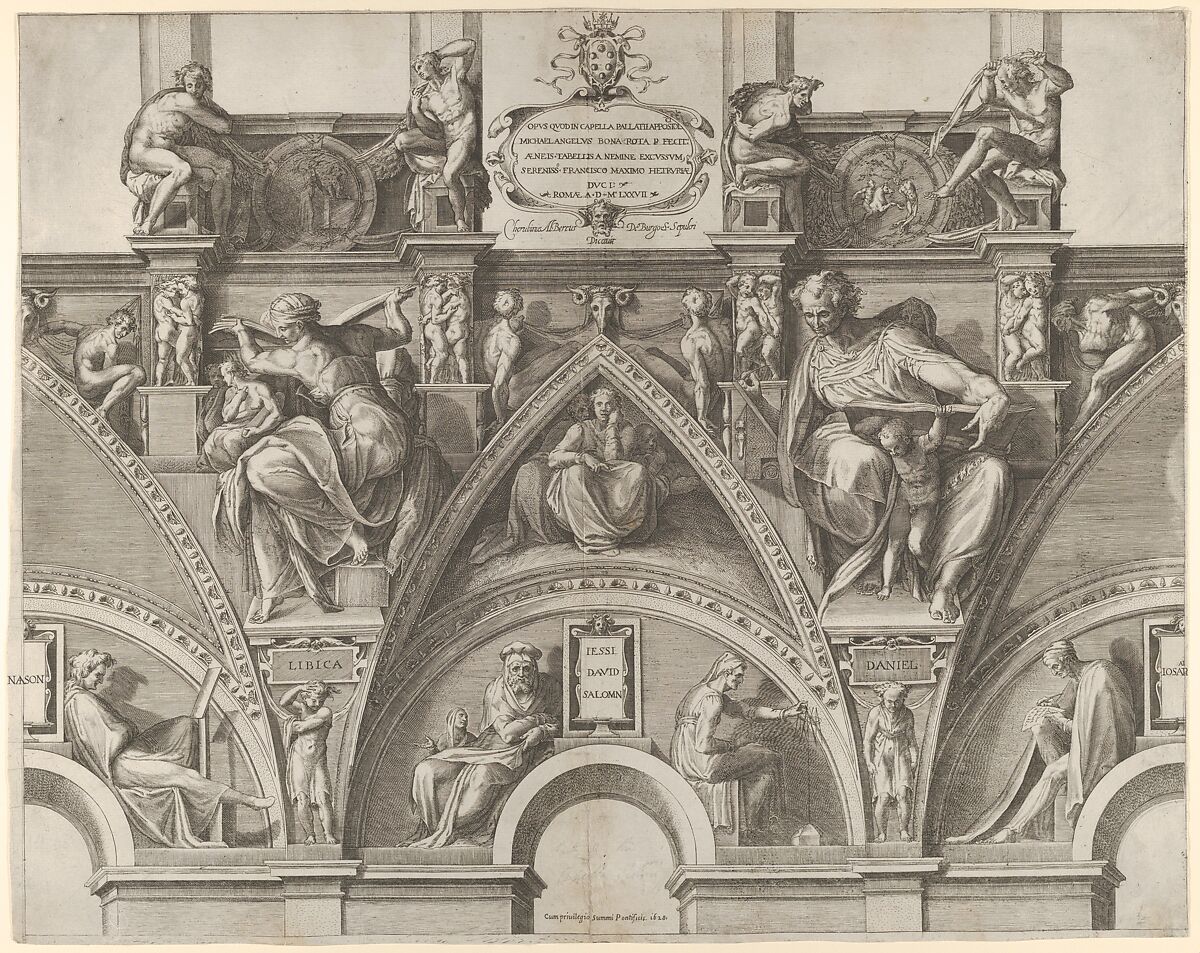 Portion of the Ceiling of the Sistine Chapel with the Libyan Sibyl, Prophet Daniel, Jesse, David, and Solomon, from Sibyls and Prophets from the Sistine Chapel Vaults, Cherubino Alberti (Zaccaria Mattia) (Italian, Borgo Sansepolcro 1553–1615 Rome), Engraving 