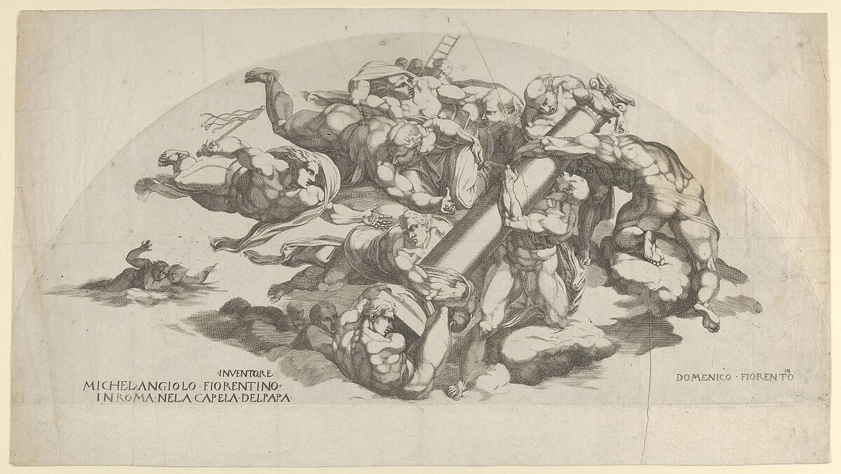 Group from the Last Judgment, Angels Carrying the Column of the Flagellation and the Sponge and Ladder of the Crucifixion, Domenico del Barbiere (Italian, Florence (?) 1506–1565 Paris), Engraving 