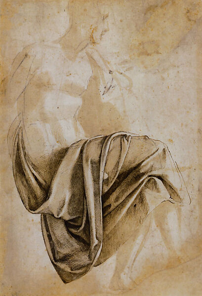 Drapery Study for the Erythraean Sibyl for the Sistine Ceiling (recto); Figure study (verso), Michelangelo Buonarroti (Italian, Caprese 1475–1564 Rome), Black chalk, pen and brown ink, brush and brown wash, over traces of lead point (recto); brush and brown wash, black chalk, pen and brown ink (verso) 