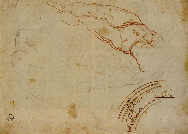 Sketches for God in the Creation of Adam and a lunette (recto); Legs and arms (verso), Michelangelo Buonarroti (Italian, Caprese 1475–1564 Rome), Red chalk, black chalk, pen and dark brown ink, lead point (recto); black chalk (verso) 