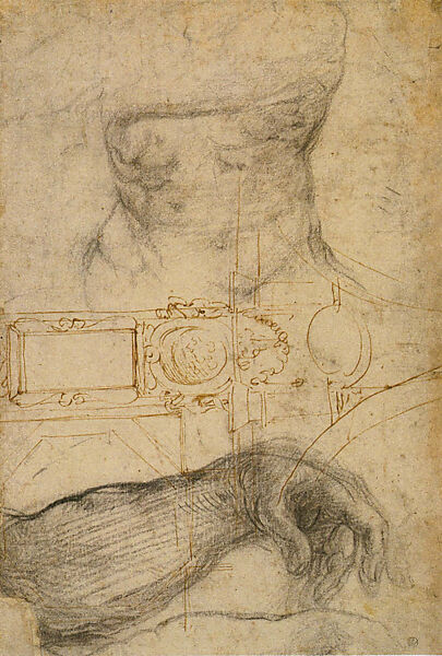 Sketch for the Sistine Ceiling with study of hand and torso (recto); Figure studies (verso), Michelangelo Buonarroti (Italian, Caprese 1475–1564 Rome), Pen and brown ink, black chalk (recto and verso) 