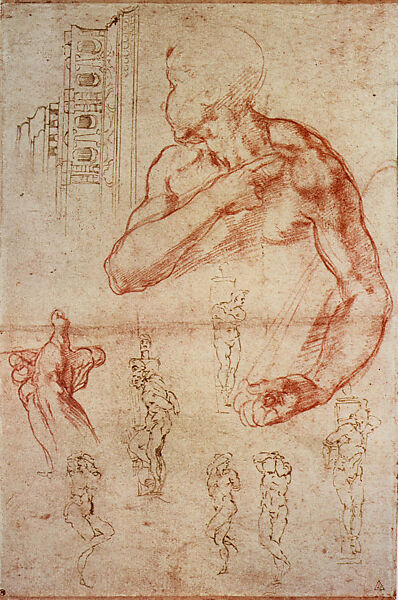 Study for a Putto and for the Right Hand of the Libyan Sibyl in the Sistine Ceiling; Sketches for the Tomb of Julius II (recto); Studies of a Man's Left Leg (verso), Michelangelo Buonarroti (Italian, Caprese 1475–1564 Rome), Red chalk; pen and brown ink (recto); pen and black ink over portions in black chalk (verso) 