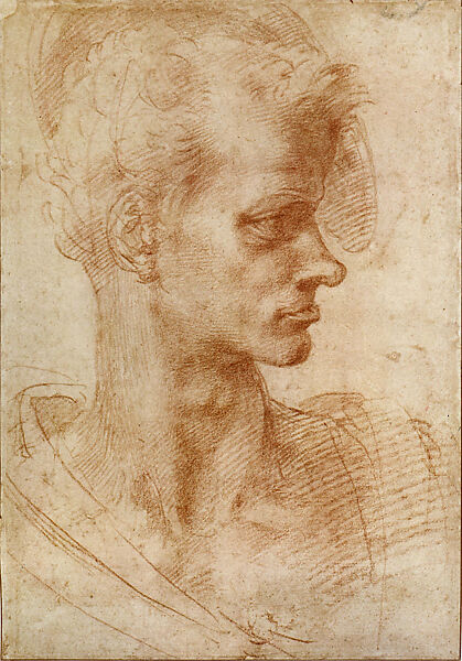 Study of a Man's Head (recto); Study for Hercules Carrying a Boar (verso), Michelangelo Buonarroti (Italian, Caprese 1475–1564 Rome), Red chalk (recto and verso) 