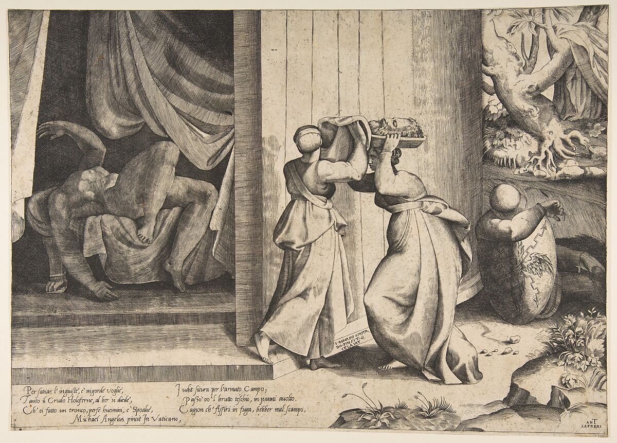 Judith passing the head of Holofernes to her maidservant, the decapitated Holofernes inside the tent at left, Giulio Bonasone (Italian, active Rome and Bologna, 1531–after 1576), Engraving 